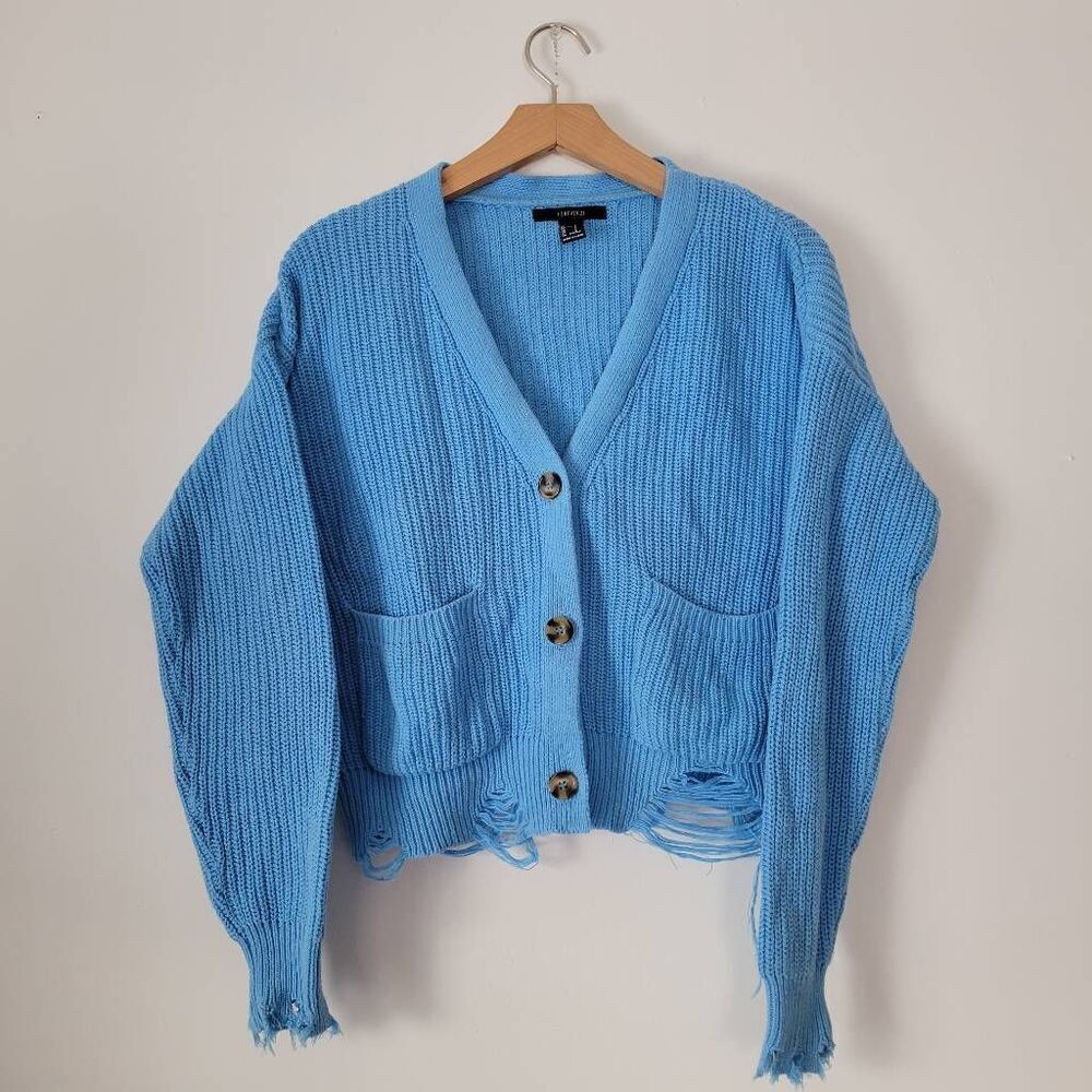 Forever 21 Distressed Knit Cardigan Blue Button Front Cropped Sweater Women’s Sm